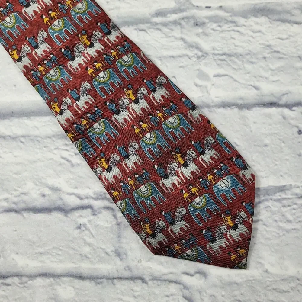 Dunhill Silk Primitive Horse & Elephant Print Tie